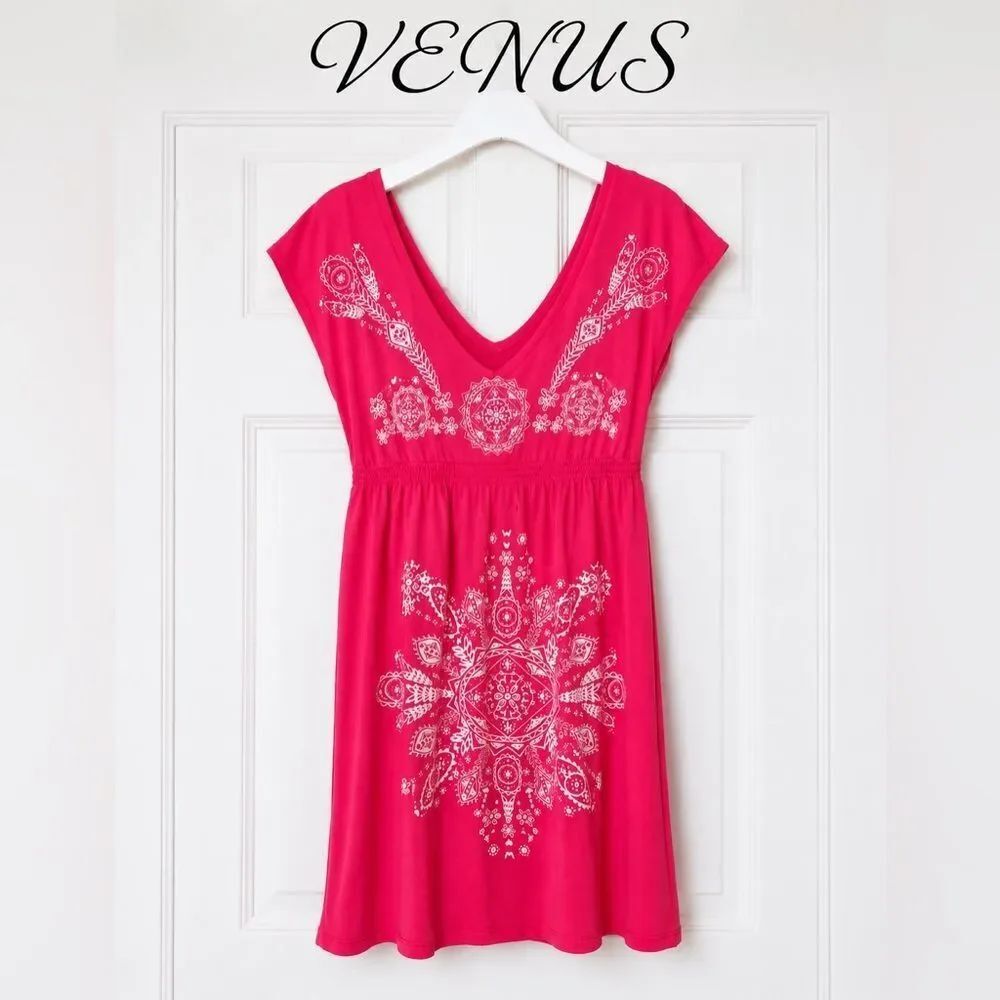 🌺Venus🌺 Sz XL Hot Pink Dress with White Tribal Print Coverup Day Dress